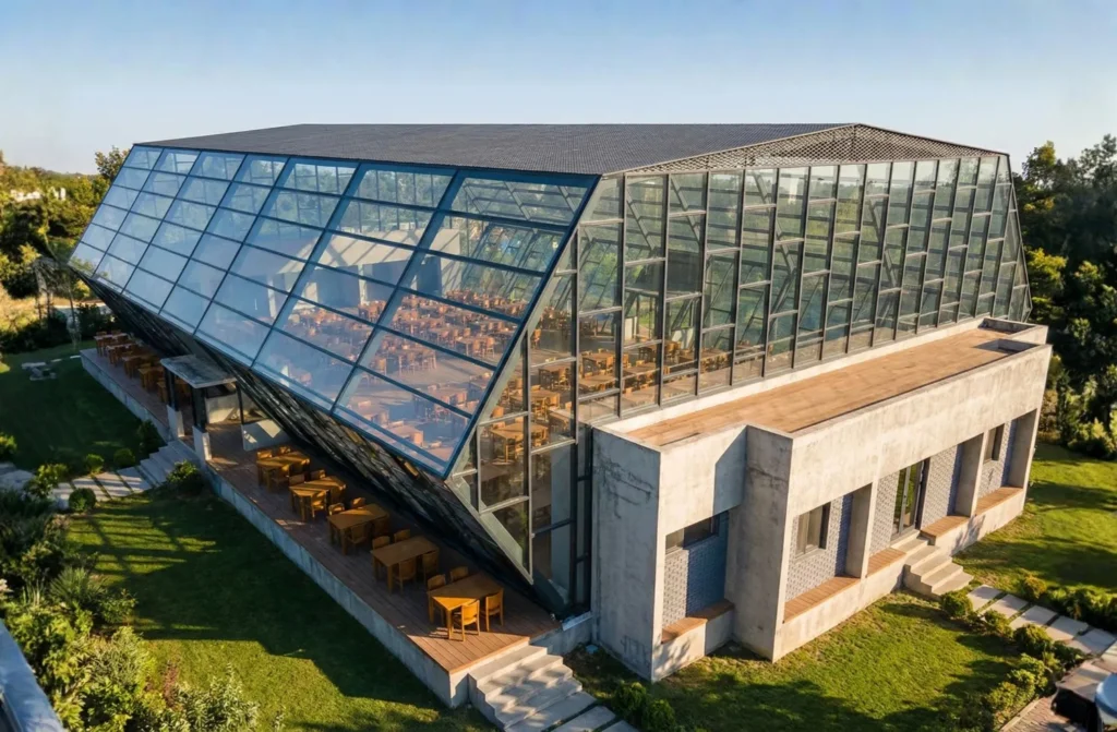 Modern Pre-Engineered Building (PEB) construction of a college campus facility by Pentaumec, featuring a steel frame, clean architectural lines, and spacious interiors designed for educational use in Tamil Nadu.