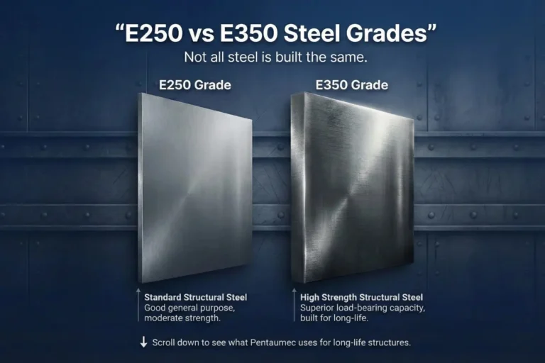 E250 vs E350 steel grades used in PEB structure construction by Pentaumec Space Structures for strong industrial steel buildings