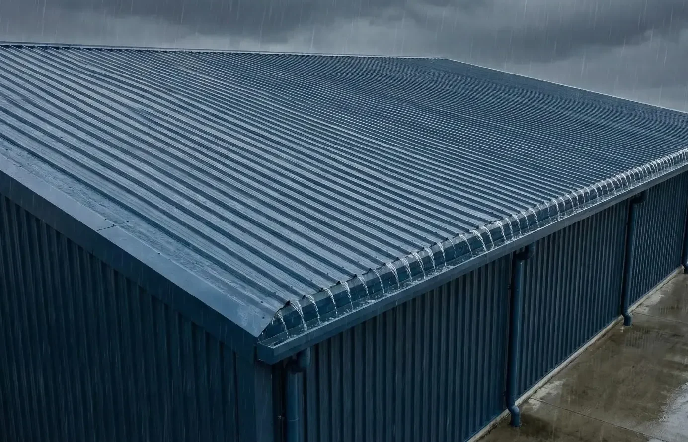 Soundless steel roof system for industrial shed with rain noise reduction by Pentaumec Space Structures