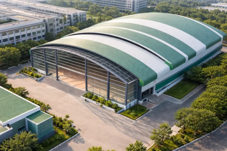 Large span pre engineered steel event hall constructed using PEB technology in Tamil Nadu
