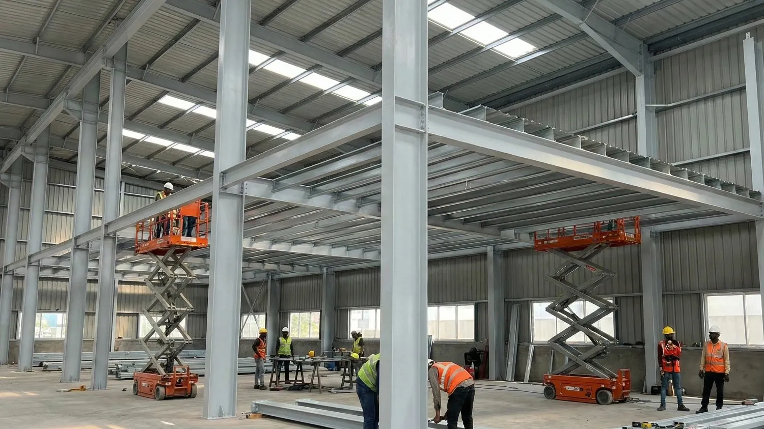 Steel mezzanine floor installation showing structural framework and professional construction process