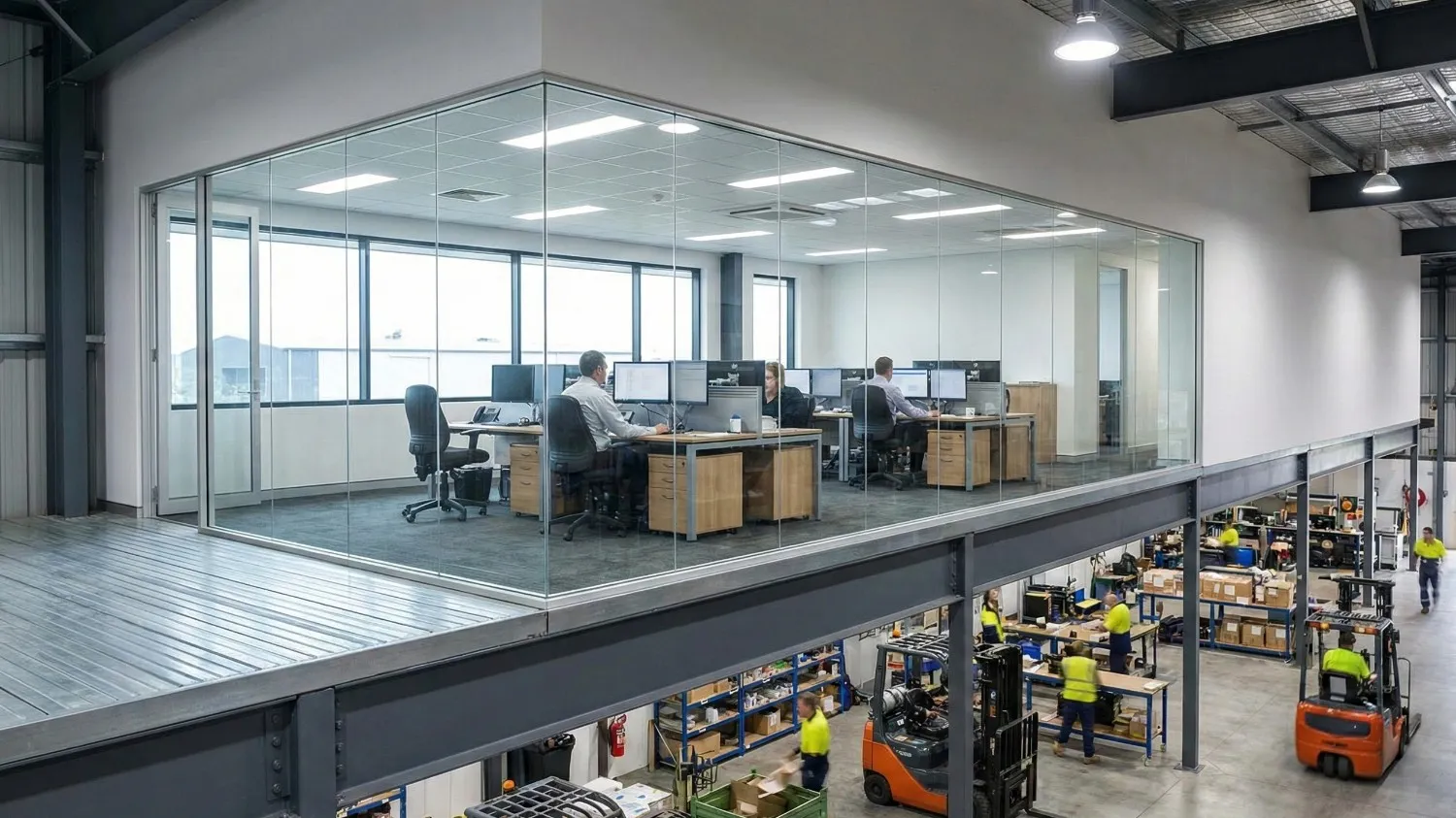 Elevated mezzanine office space in warehouse providing management oversight and workspace optimization