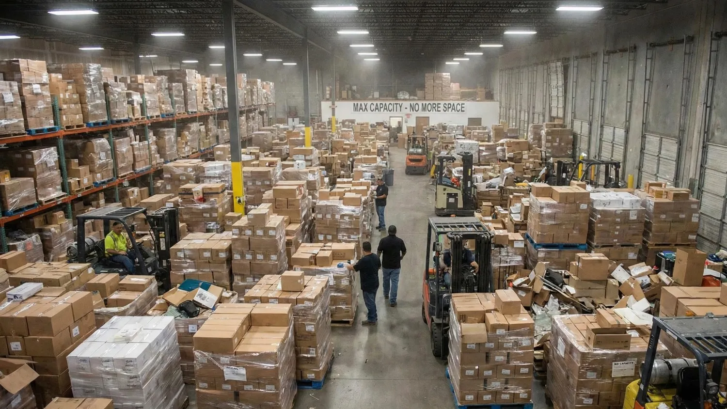 Overcrowded warehouse floor with narrow aisles packed inventory showing need for mezzanine floor vertical space optimization