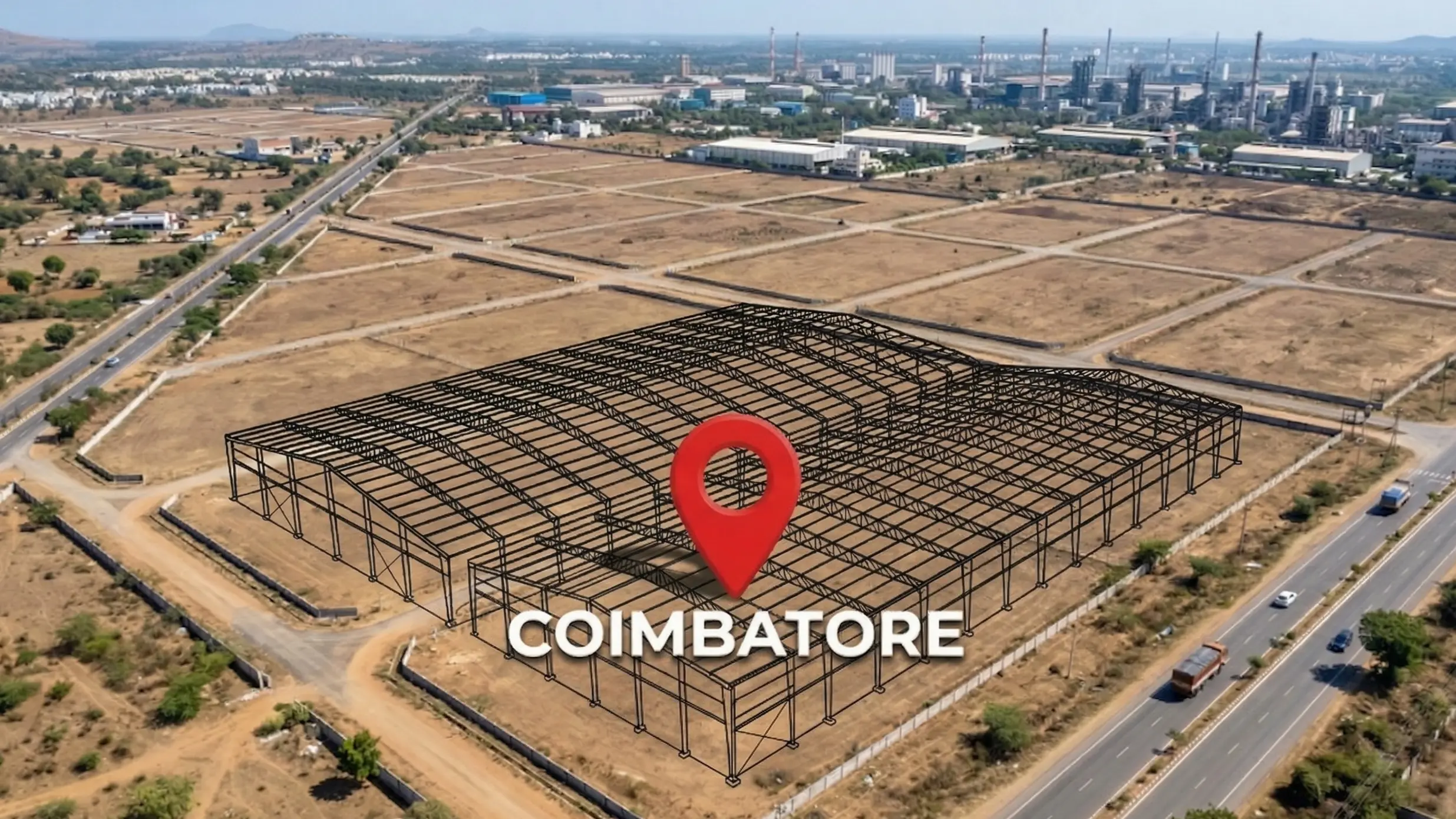 Coimbatore industrial area overview showing factory construction zones and PEB steel buildings for manufacturing in Tamil Nadu 2026