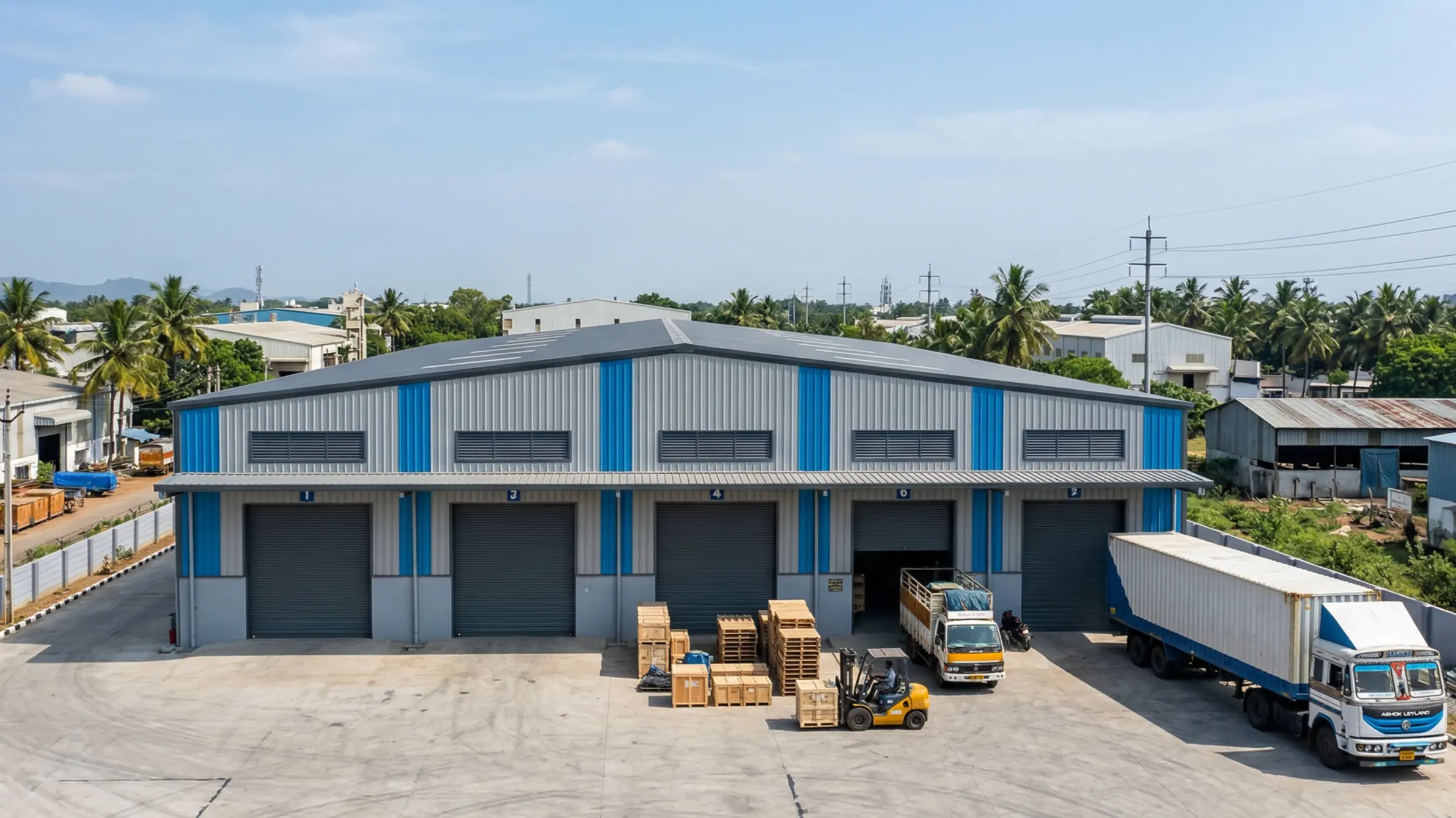 Modern steel warehouse building in Coimbatore industrial area showing completed PEB structure construction for logistics and manufacturing Tamil Nadu