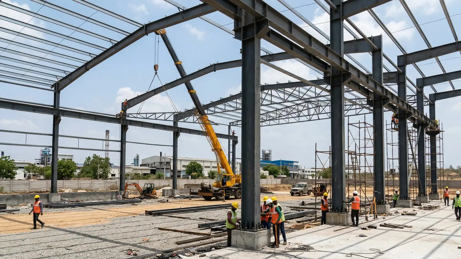 PEB factory construction in Coimbatore industrial zone showing steel structure framework and pre-engineered building installation Tamil Nadu Pentaumec space structures