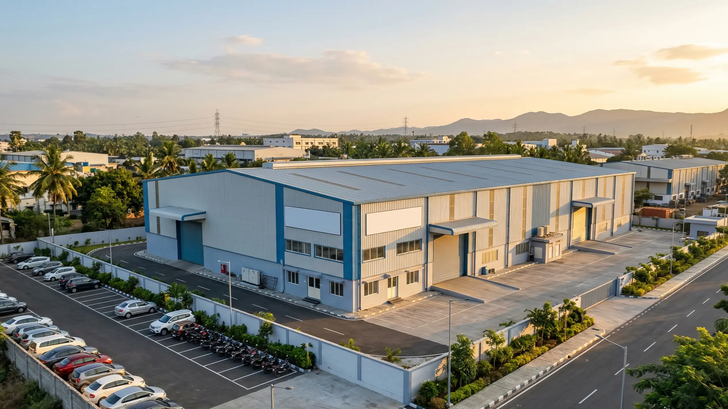 Completed PEB steel factory building in Coimbatore Tamil Nadu industrial zone showing pre-engineered construction quality by Pentaumec Space Structures