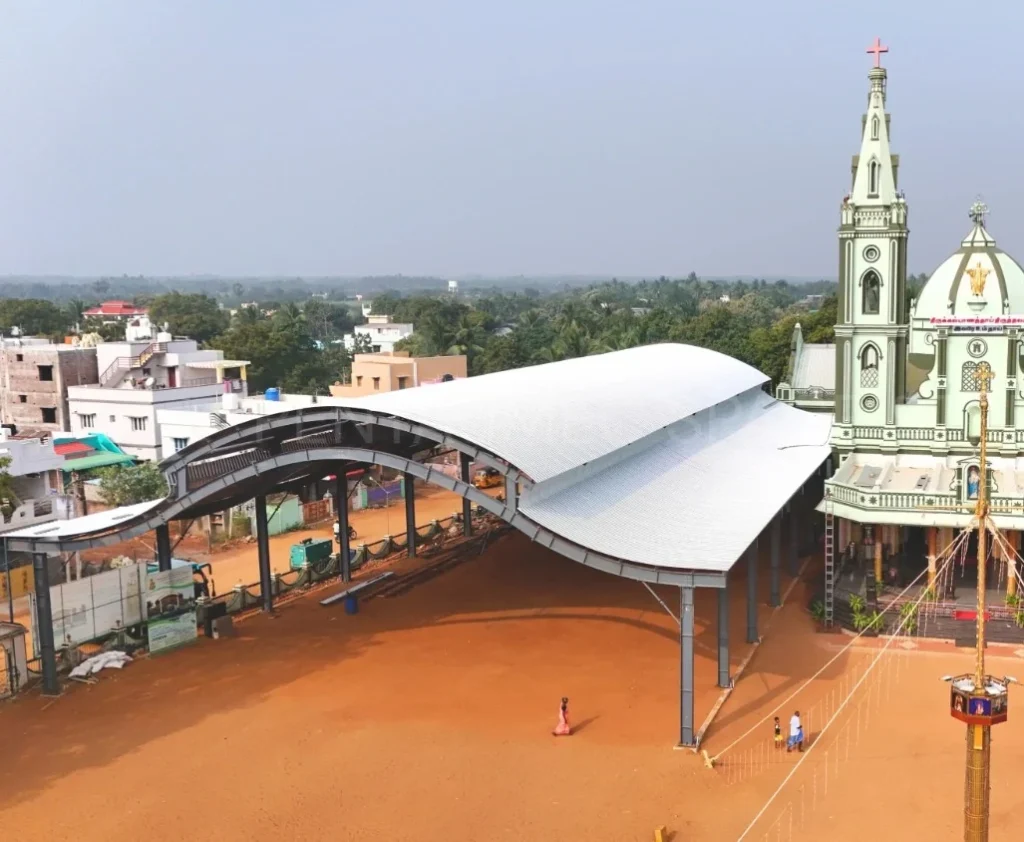 twin curved PEB structure auditorium for church in Thoothukudi Tamil Nadu, architectural steel structure by Pentaumec Space Structures