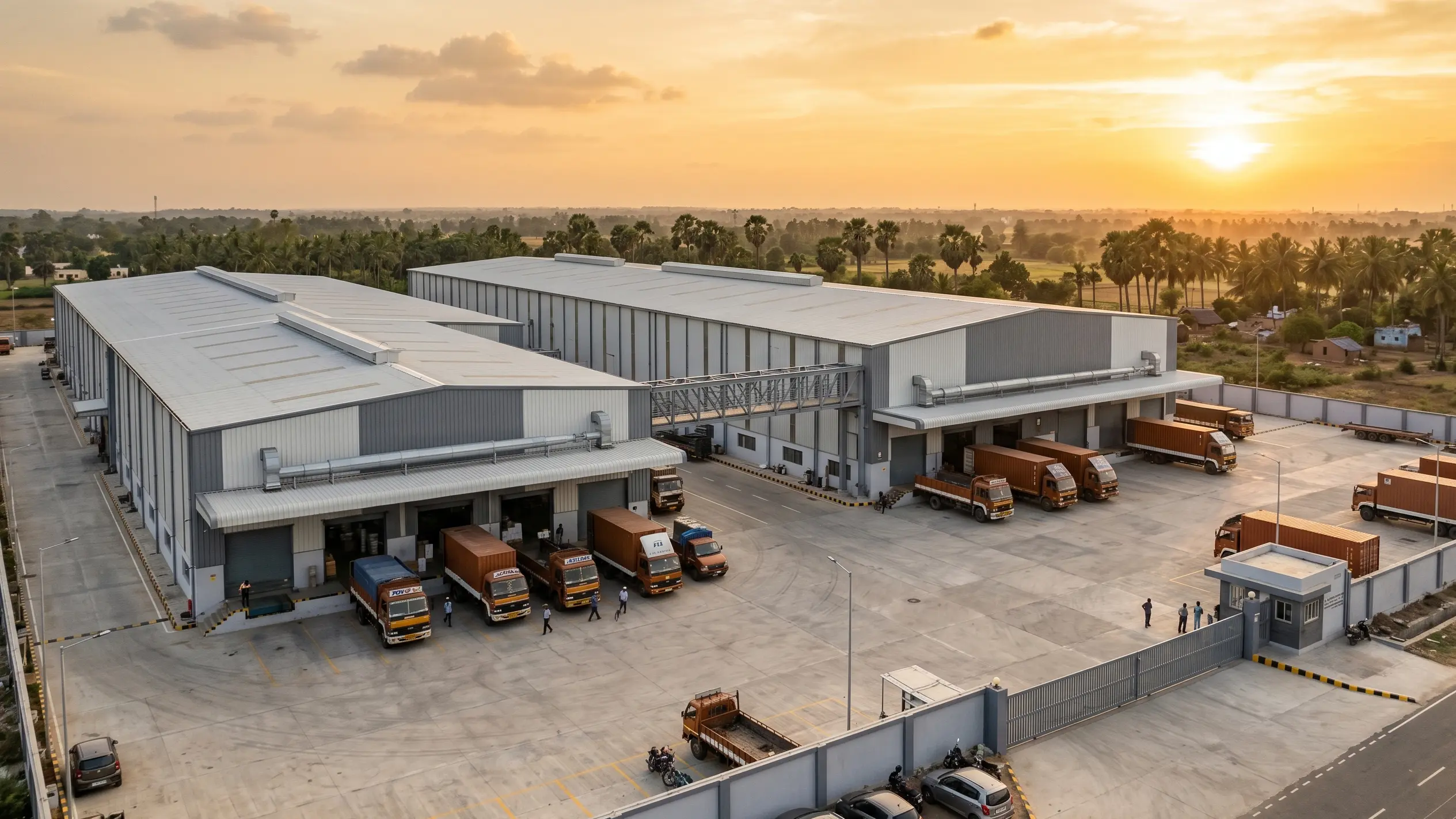 Completed PEB warehouse complex in Tamil Nadu industrial zone showing multi-bay steel structure with loading docks and organized compound for large scale industrial operations
