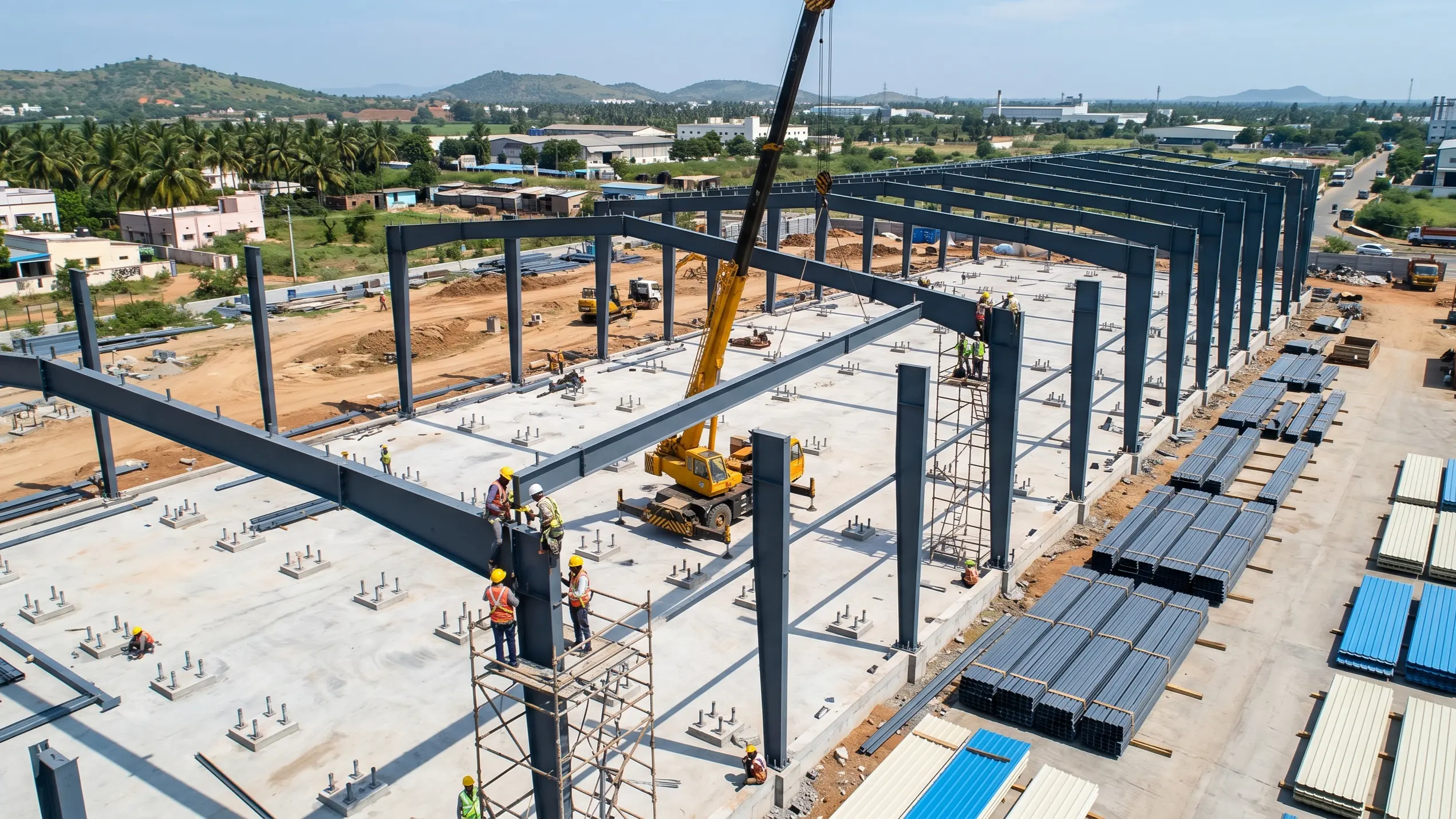 PEB warehouse construction site in Tamil Nadu showing steel frame erection with primary frames and crane lifting operations for industrial building project