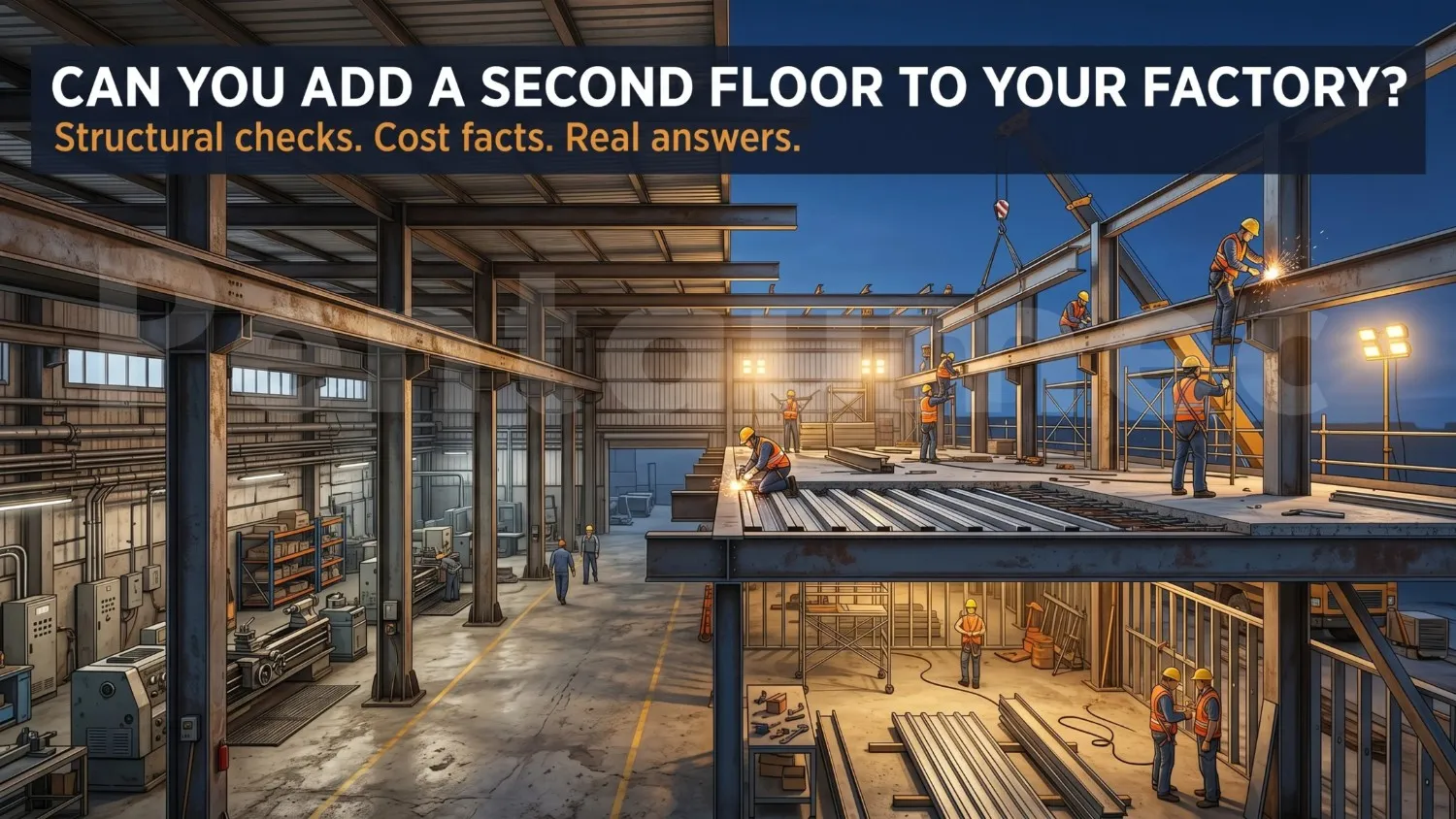 Cross-section illustration of an industrial factory building showing existing ground floor and new second floor steel structure being added on top with construction workers
