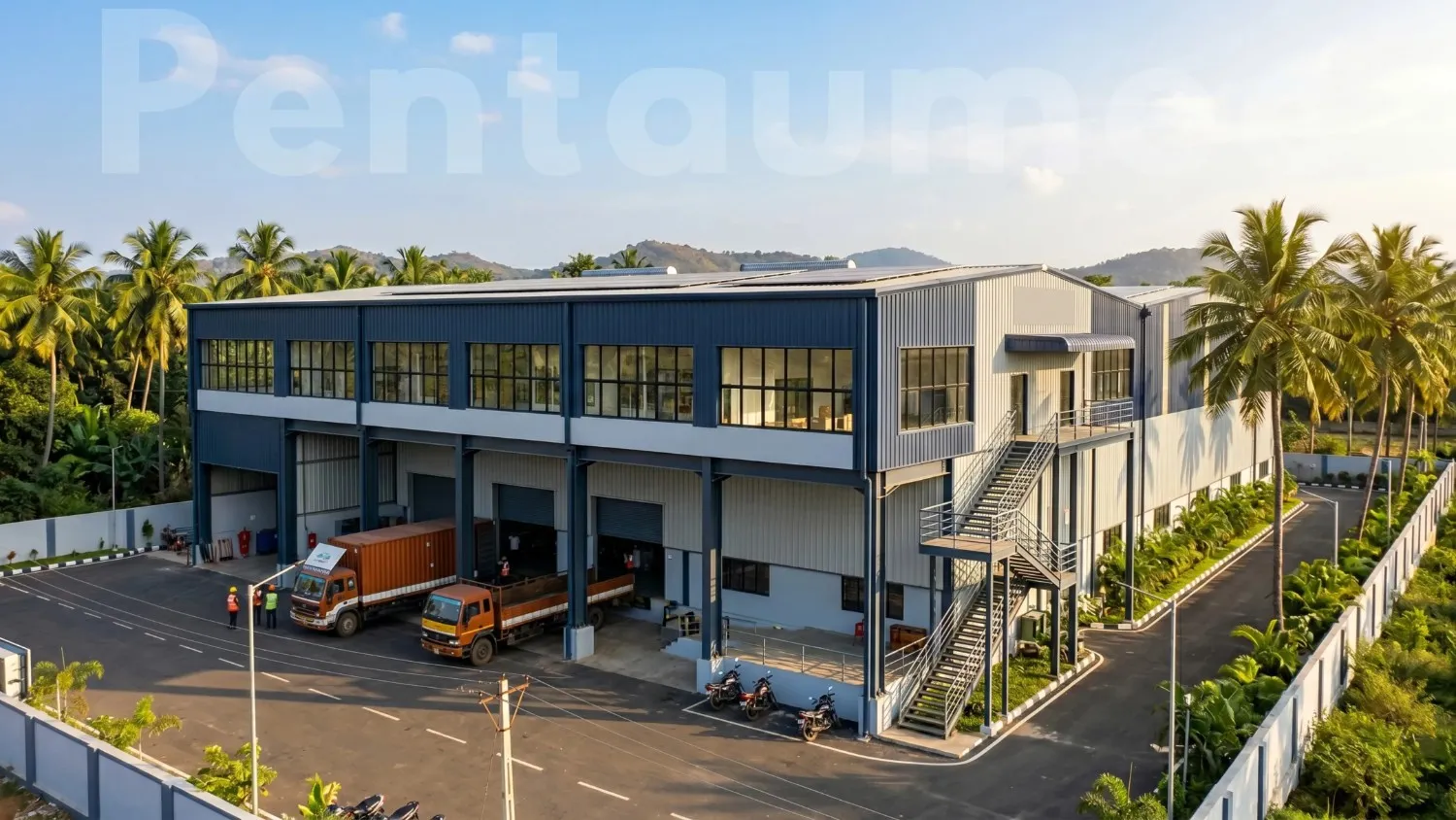 Completed two-storey industrial factory building with steel structure showing ground floor loading bay and upper level with windows in a South Indian industrial setting