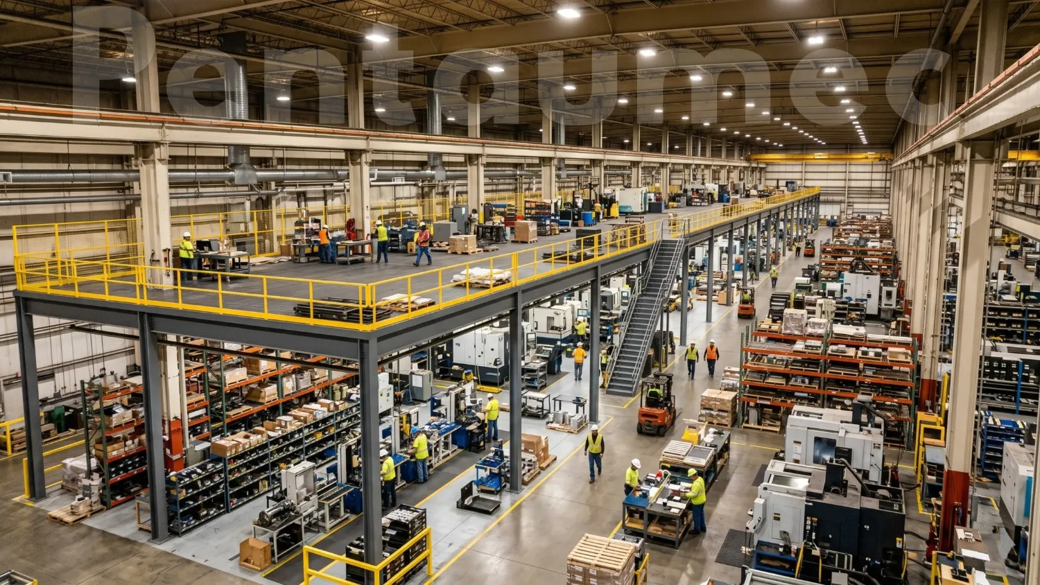 Interior of an industrial factory showing a completed steel second floor mezzanine structure installed above active ground floor operations with independent steel columns