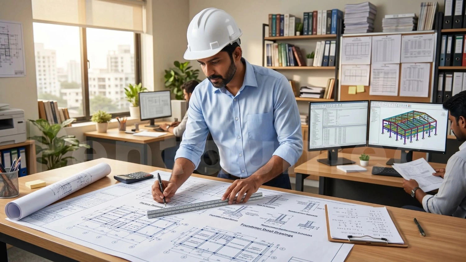 Structural engineer reviewing original factory building drawings and foundation details to assess feasibility of adding a second floor