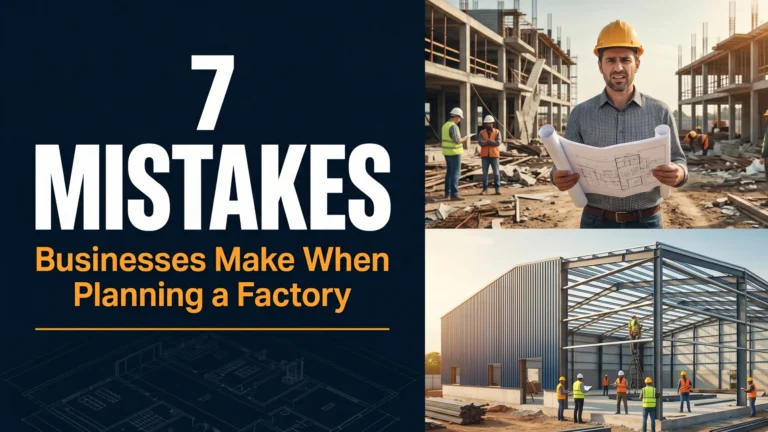 Split editorial hook image showing 7 mistakes businesses make when planning a new factory building with chaotic versus organised construction site comparison