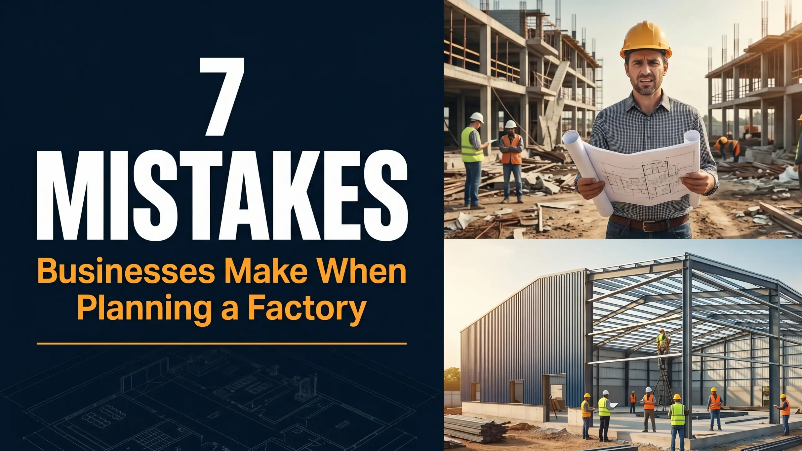 Split editorial hook image showing 7 mistakes businesses make when planning a new factory building with chaotic versus organised construction site comparison