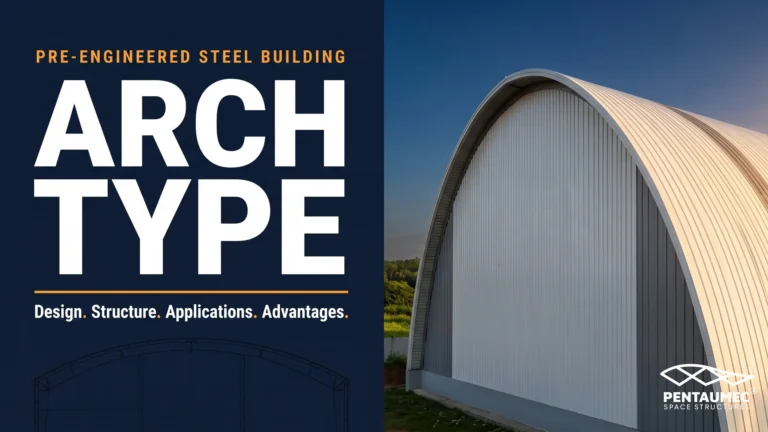 Editorial hook banner showing Arch Type pre-engineered steel building with curved roof profile against golden hour sky and navy typographic headline panel