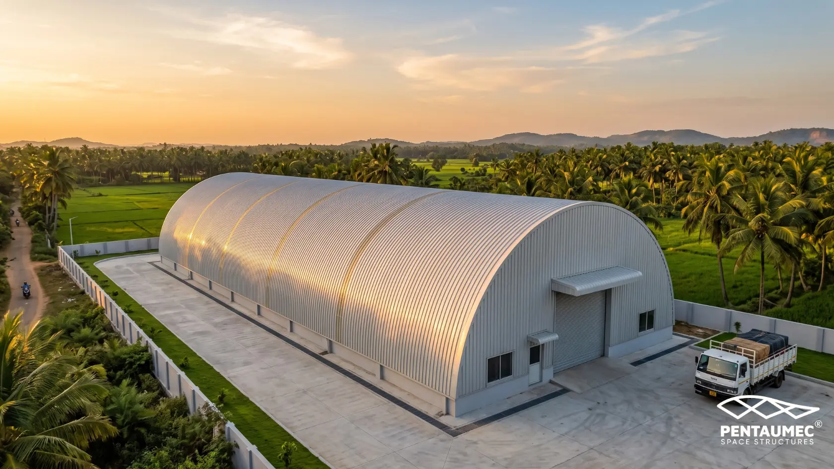 Completed Arch Type pre-engineered steel building exterior at golden hour showing smooth continuous curved Galvalume cladding profile from ground to apex against South Indian tropical landscape
