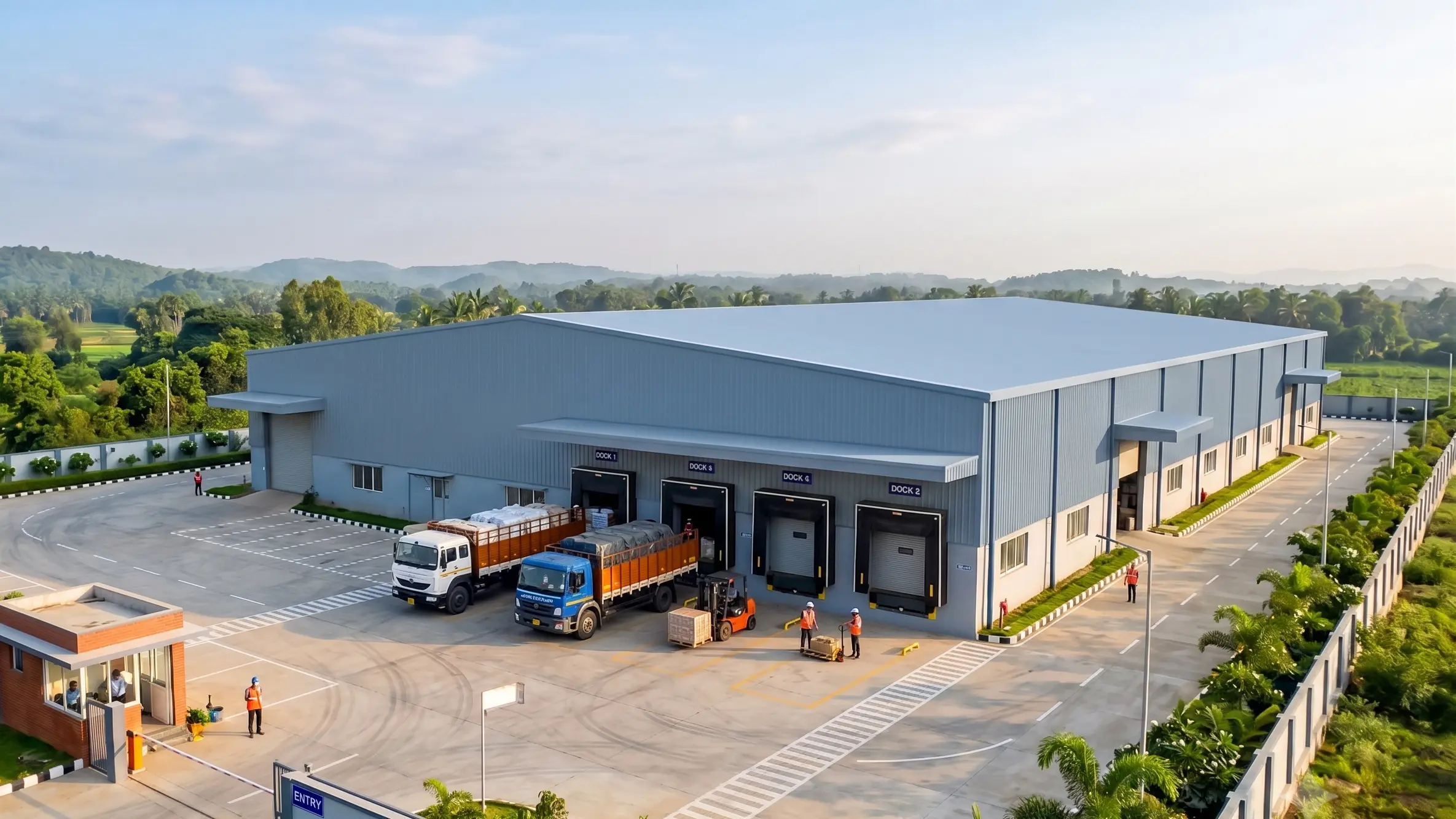Completed pre-engineered steel factory building in South India with navy and grey cladding loading docks trucks and professional compound layout