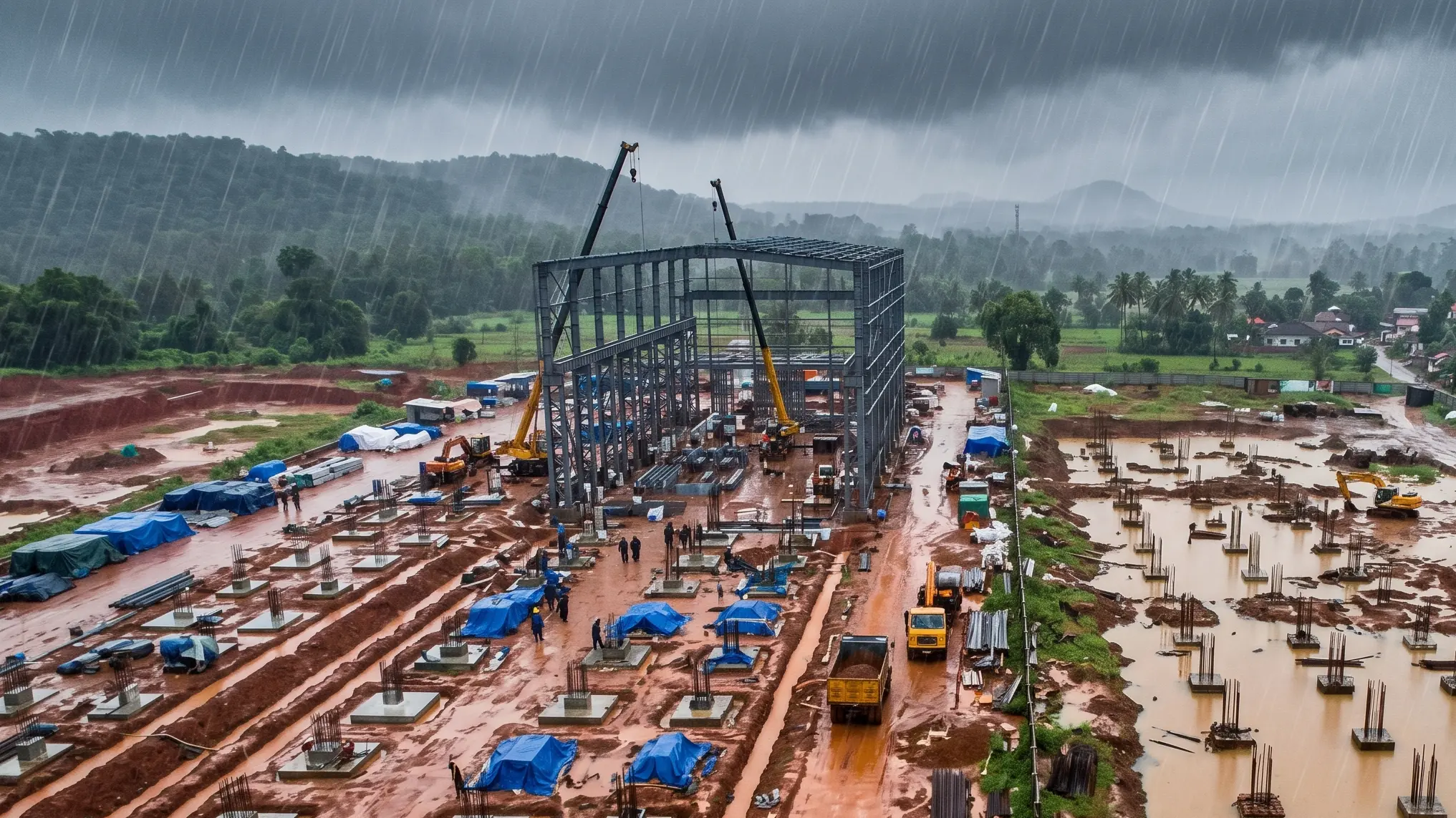 Aerial view comparing well-drained and poorly drained factory construction sites during South India monsoon season showing the importance of drainage planning