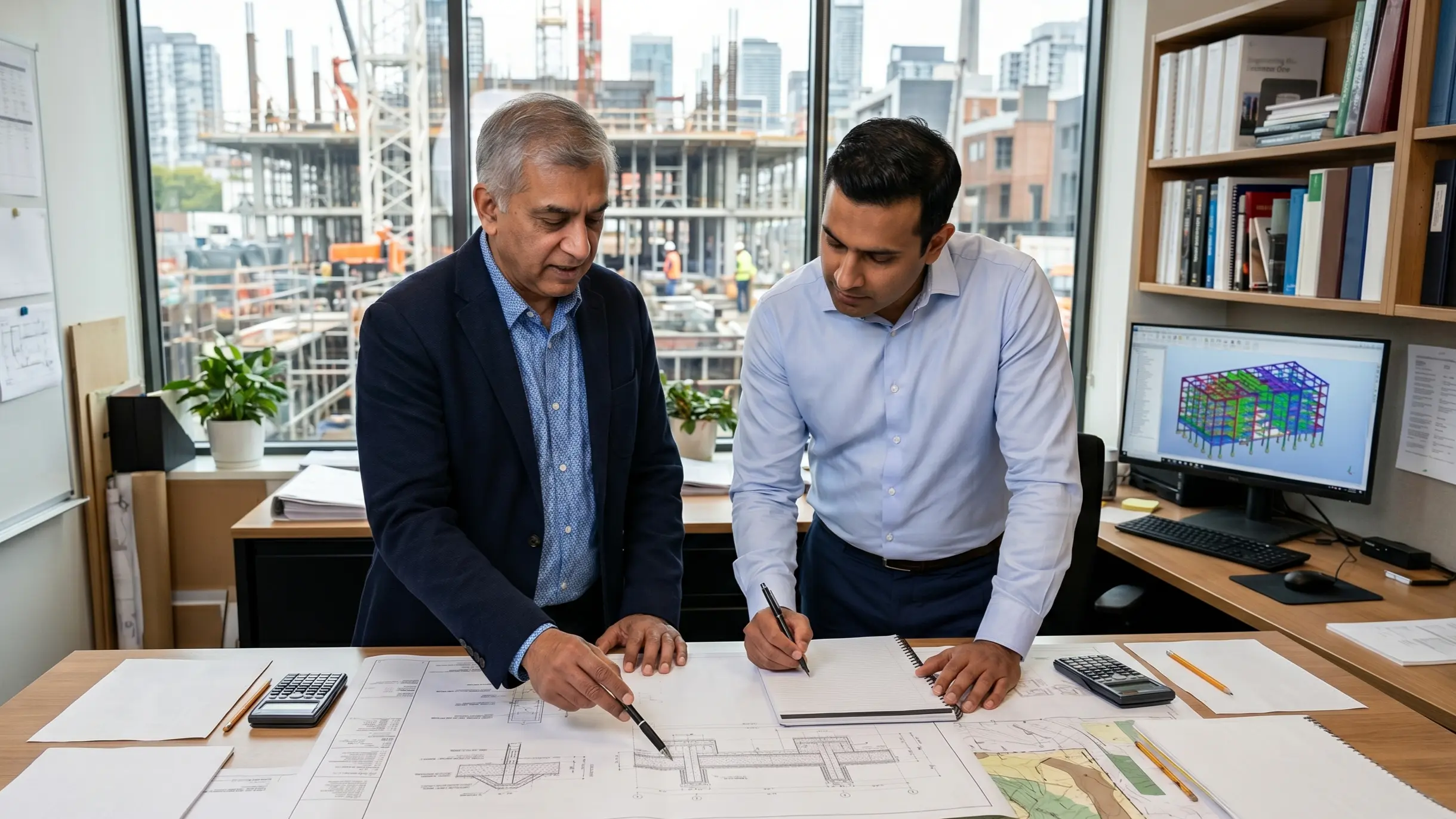 Senior structural engineer and factory owner reviewing architectural drawings and foundation site reports during a factory building planning consultation