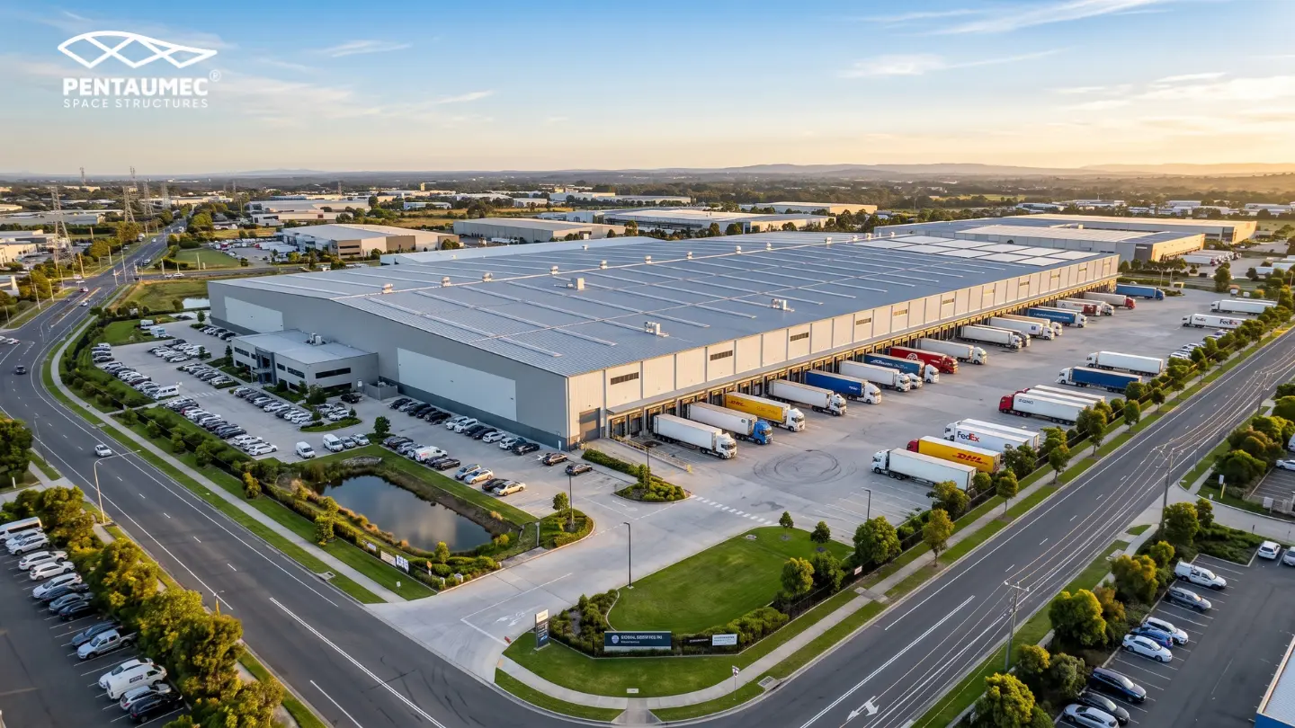 Aerial view of a completed logistics park built with pre-engineered steel buildings