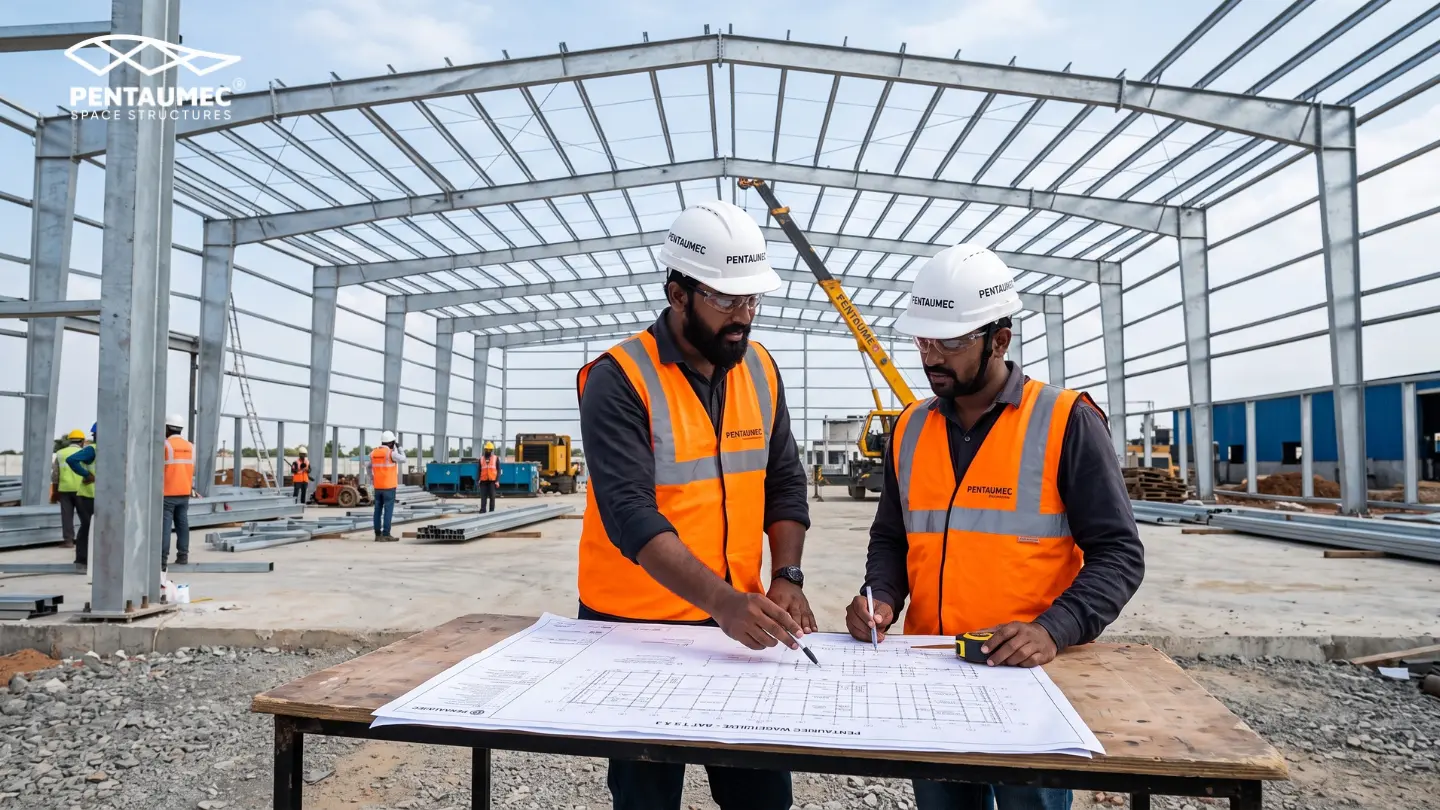 Engineers reviewing structural steel drawings on site during PEB warehouse construction