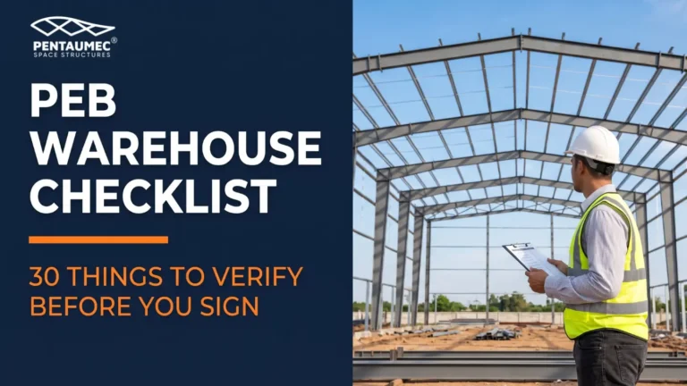 PEB warehouse construction checklist banner showing 30 verification points before signing a contract Caption: 30 things every buyer should verify before signing a PEB warehouse contract.