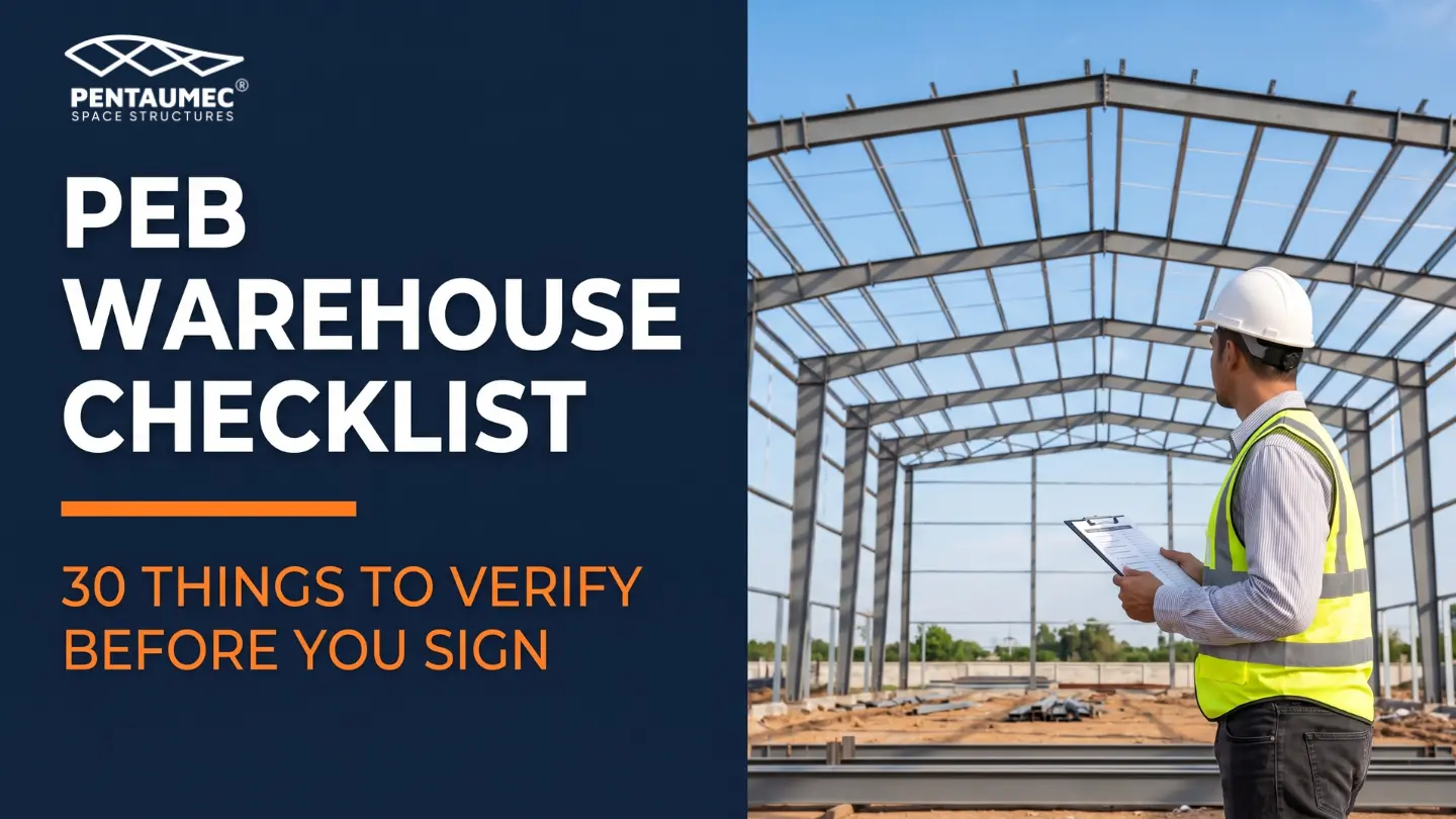 PEB warehouse construction checklist banner showing 30 verification points before signing a contract Caption: 30 things every buyer should verify before signing a PEB warehouse contract.