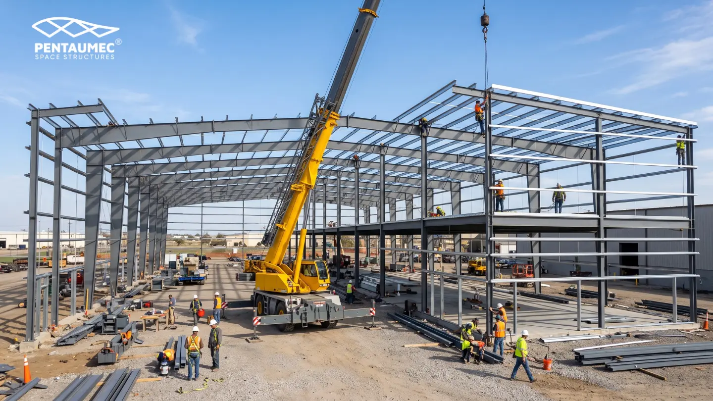 Steel warehouse structure under erection showing PEB construction progress and workforce activity