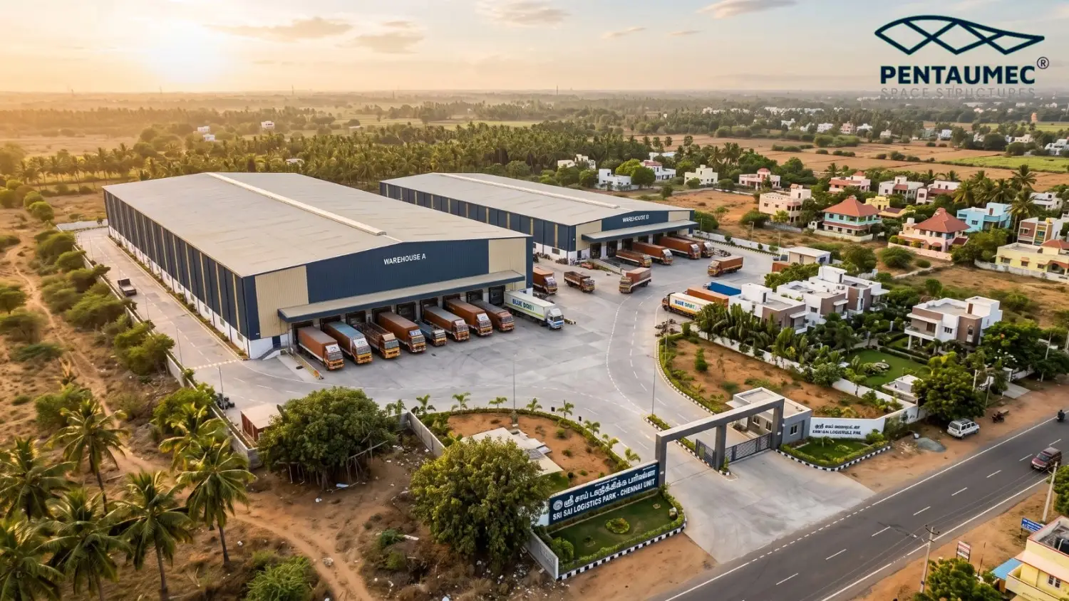 Aerial view of a completed logistics park built with pre-engineered steel buildings