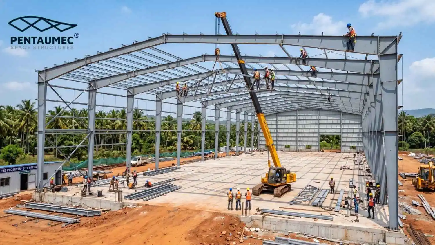 Custom span pre-engineered steel shed under construction showing wide non-standard structural configuration Caption: Custom dimensions don't mean losing the speed or cost efficiency