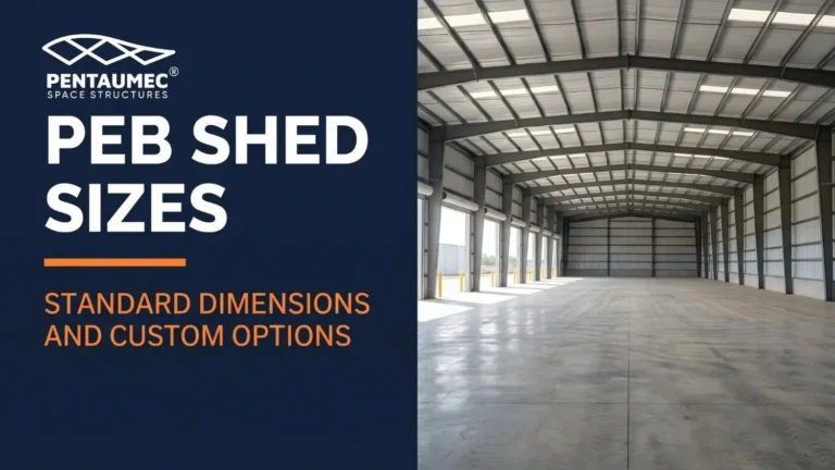 PEB industrial shed sizes guide banner showing standard span and dimension measurements