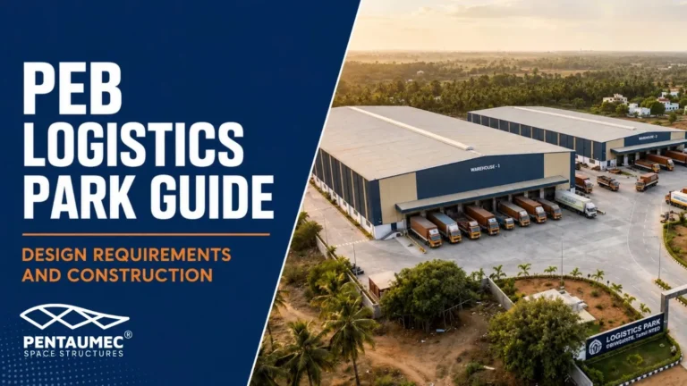 PEB logistics park design and construction guide banner showing clear span warehouse layout