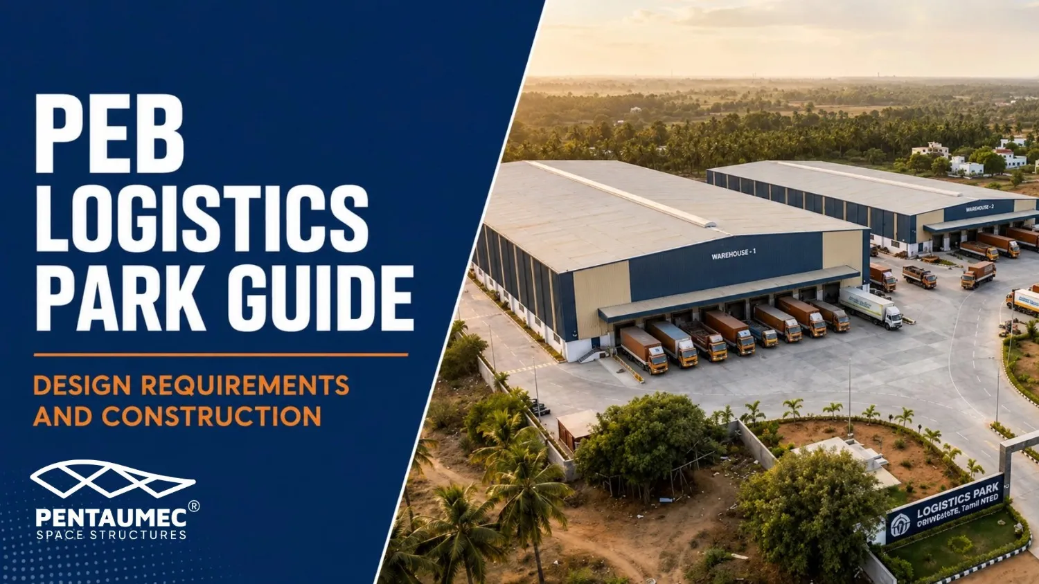 PEB logistics park design and construction guide banner showing clear span warehouse layout