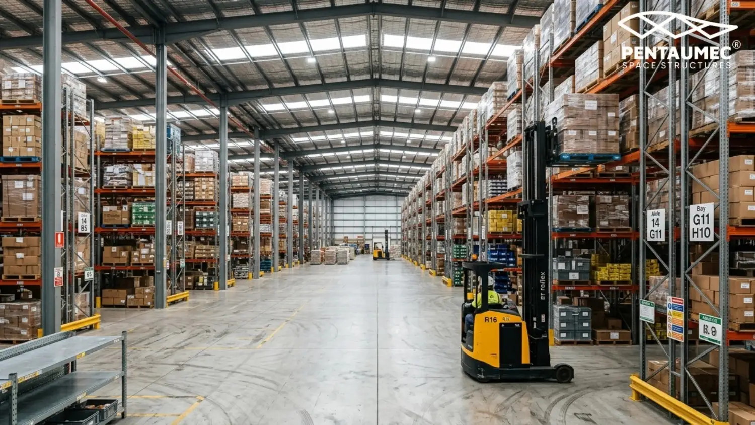 Interior of a PEB warehouse with high bay racking system showing eave height and clear span design