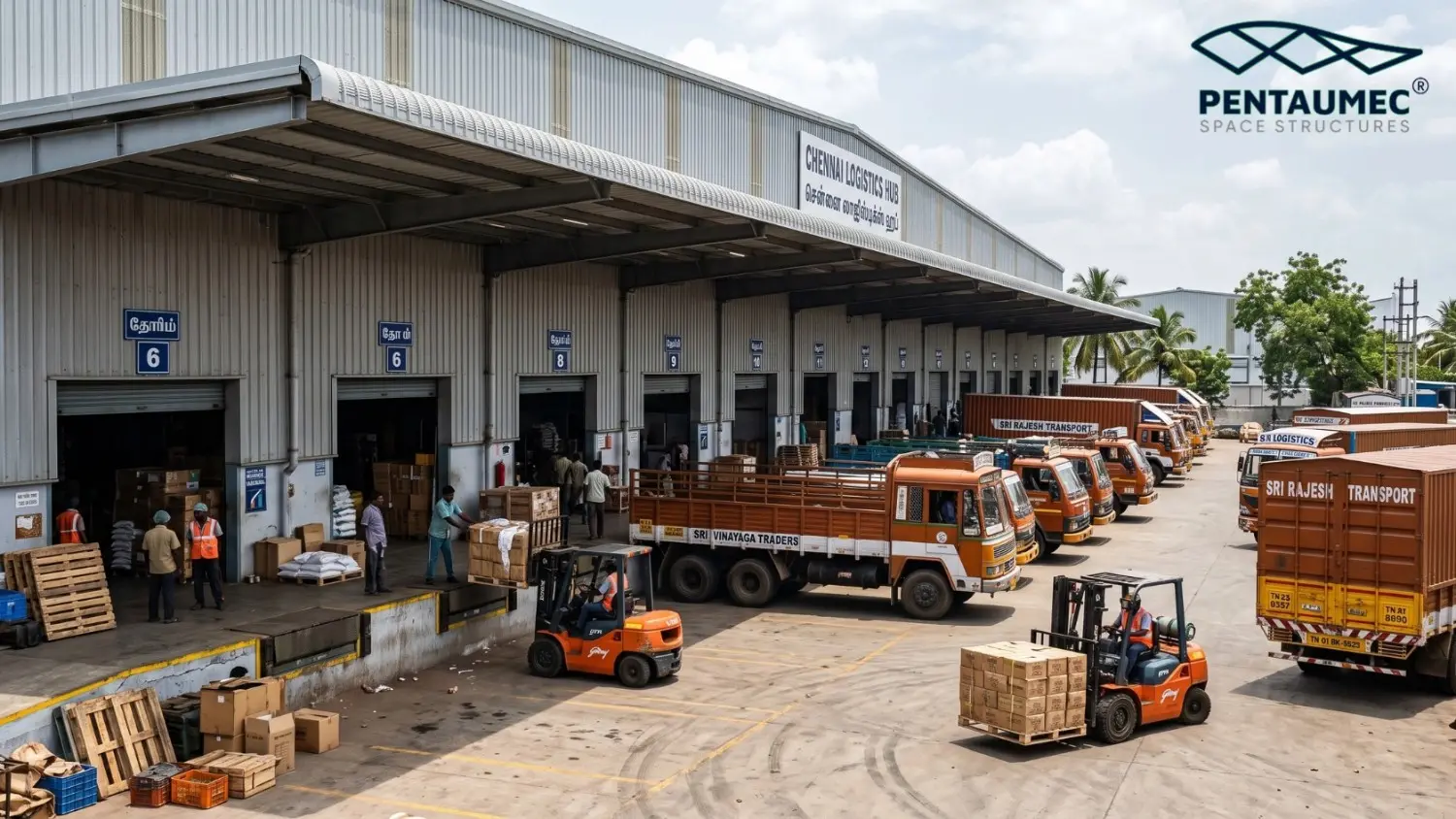 Loading dock bays at a PEB logistics warehouse showing trucks docked for efficient throughput