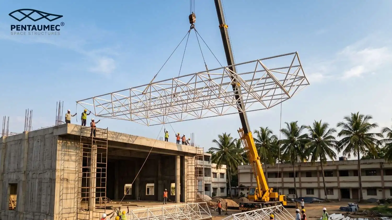Crane lifting a pre-assembled space frame roof section over an auditorium under construction