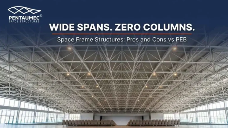 Wide column-free auditorium with a steel space frame roof, showing pros and cons of space frame structures vs PEB