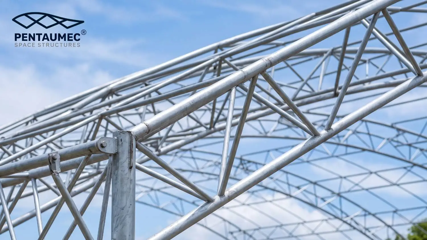 Close up of steel ball nodes and tubular members in a space frame structure