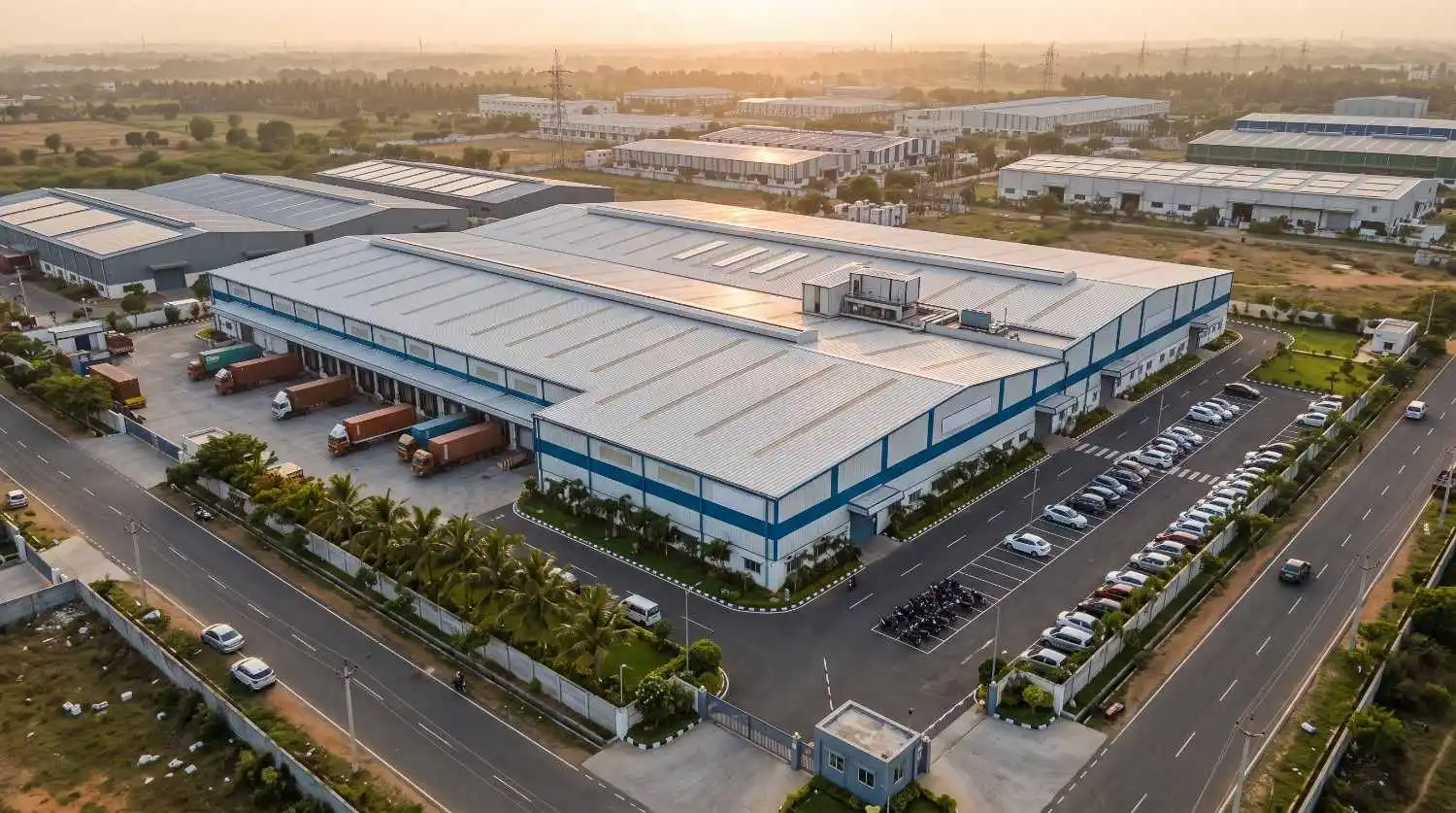 Aerial view of a completed pre-engineered steel factory building in a Chennai industrial zone at sunset