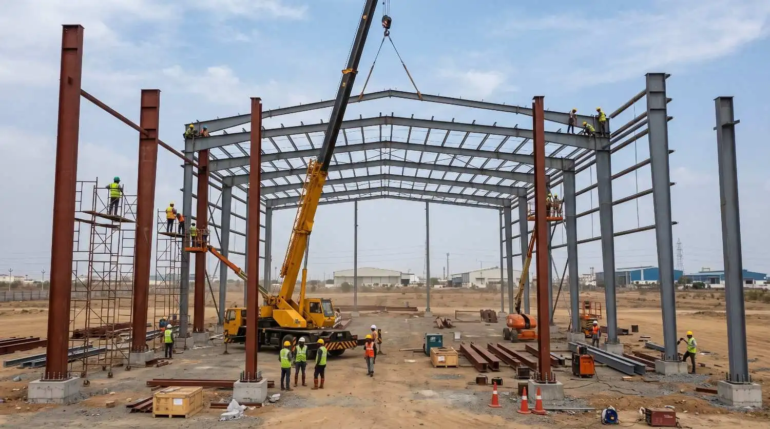 Pre-engineered steel factory frame being erected with a crane on an industrial plot near Chennai