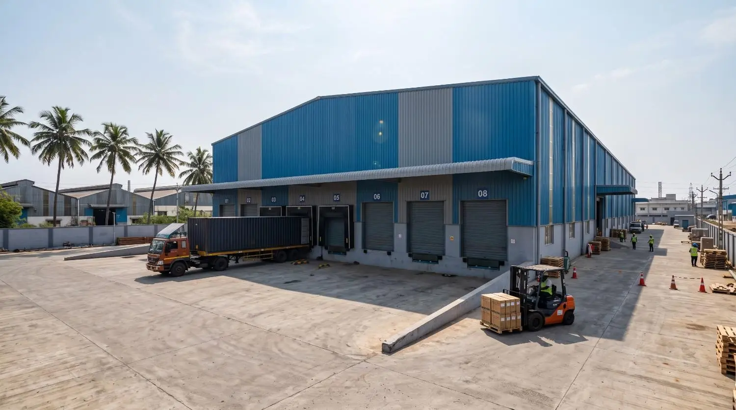 Completed pre-engineered steel warehouse with loading docks and container trucks near the Chennai port belt