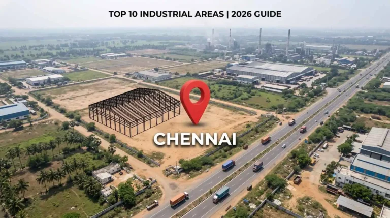 Aerial view of an industrial plot in Chennai with a pre-engineered steel factory frame overlay and location pin